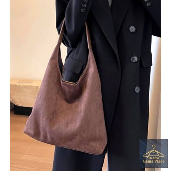 Large Slouchy Suede Hobo Tote Shoulder Bag with Top Handle - Picture 4 of 7